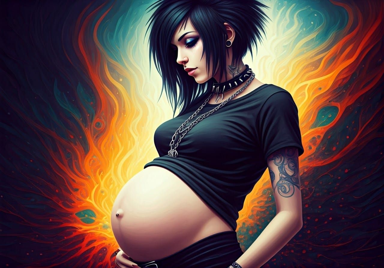 Pregnant Emo Woman in Splash Art Style