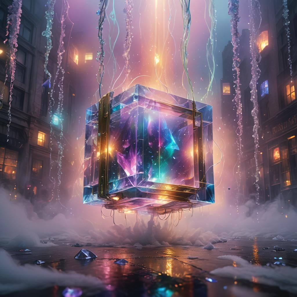 Crystalline Square Amidst Iridescent Mist: Digital Art