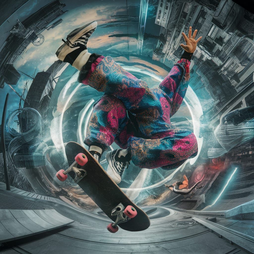 Skateboarder Mid-Air in Futuristic Cityscape