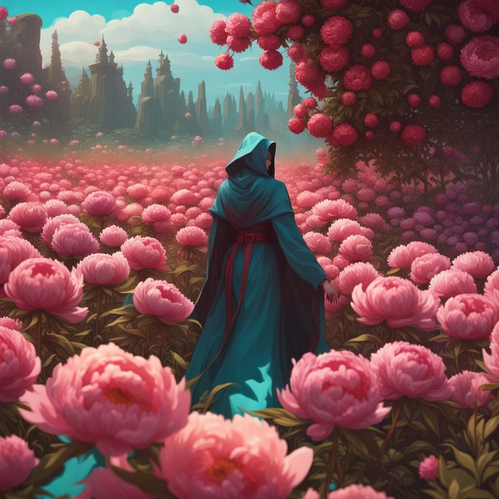 Cloaked Figure in Peony Field: Hyperdetailed Concept Art