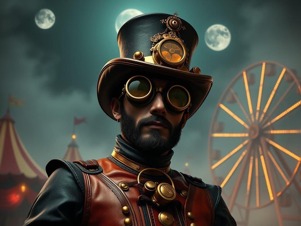 Steampunk Ringmaster with Golden Goggles and Ornate Top Hat