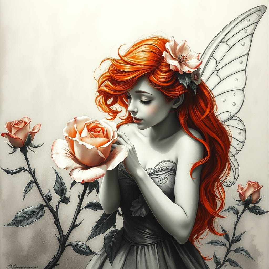 Spring Fairy with Red Hair Smelling a Rose