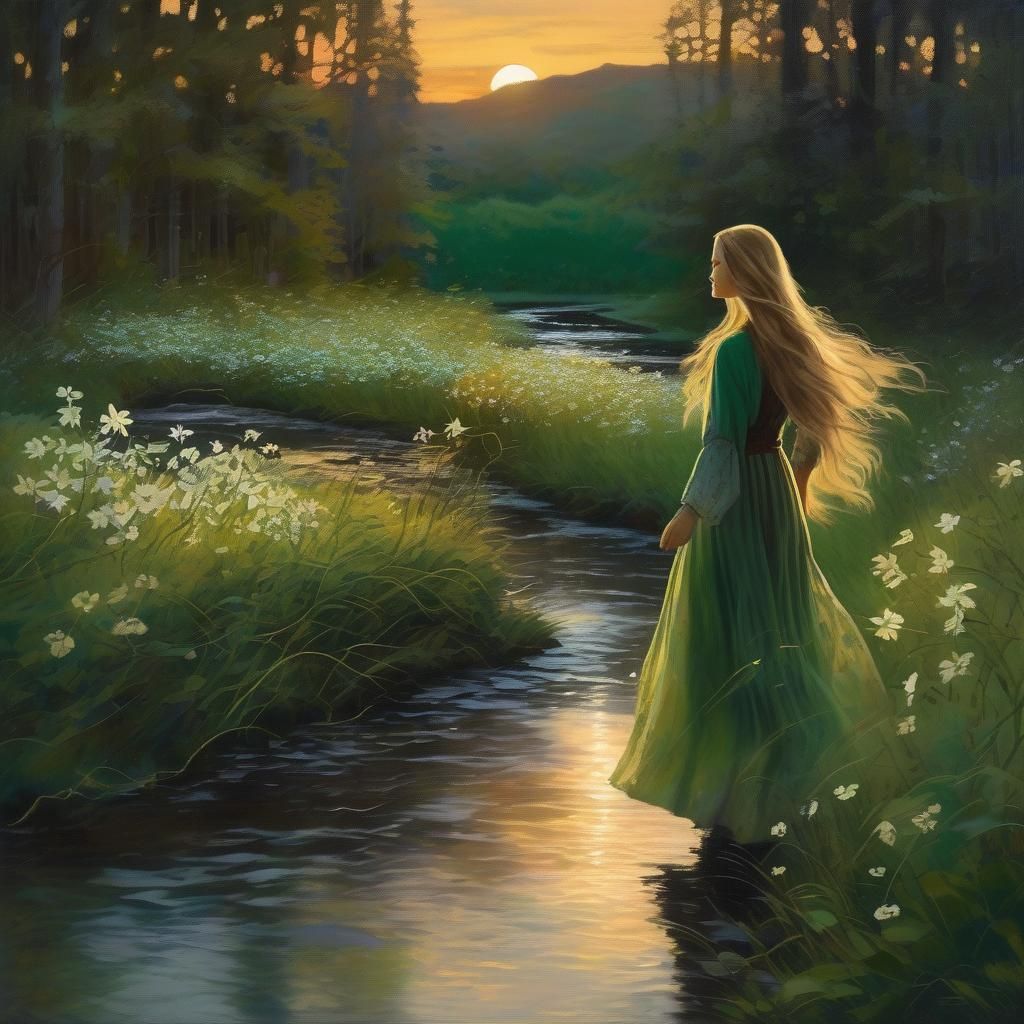 Ethereal Woman Walking at Sunset