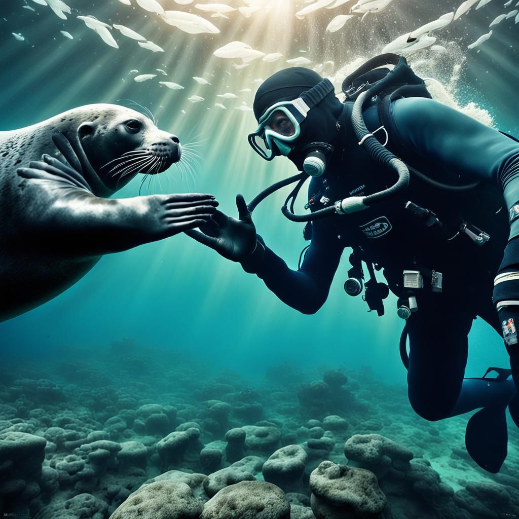 Seal and Scuba Diver High Five Underwater