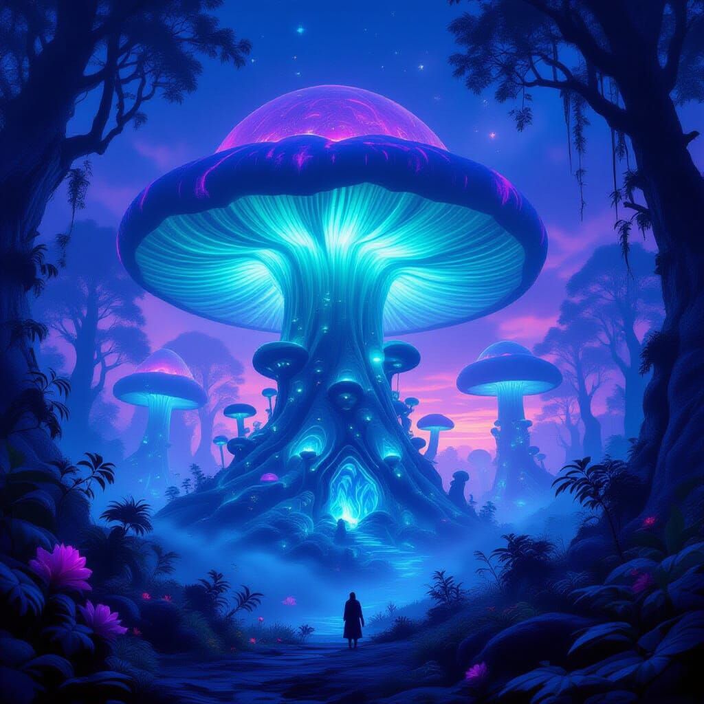 Colossal Bioluminescent Mushroom Forest at Twilight