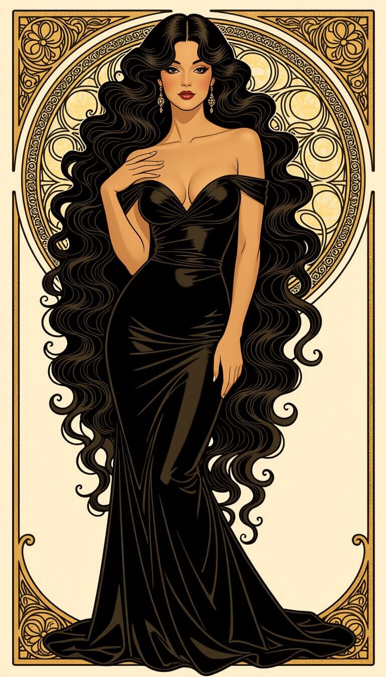 Elegant Woman in Black Dress, Art Nouveau Style