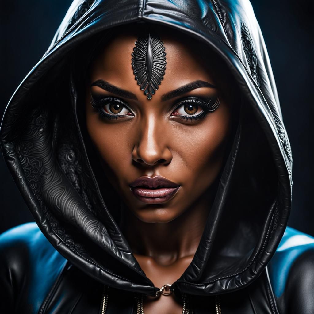 Beautiful Woman with Back Tattoo in Latex Hood