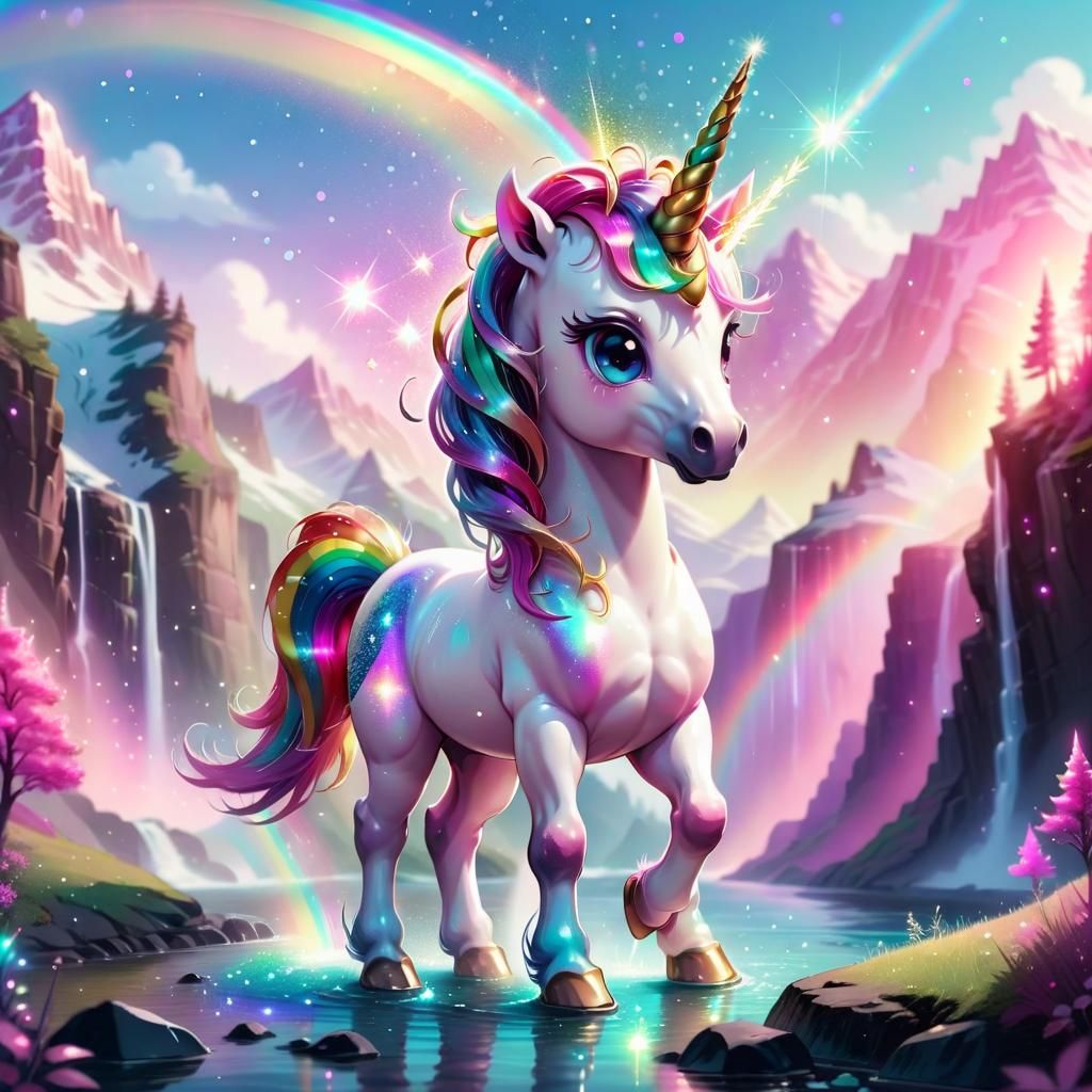 Cute magical unicorn, surrounded by iridescent glowing particles