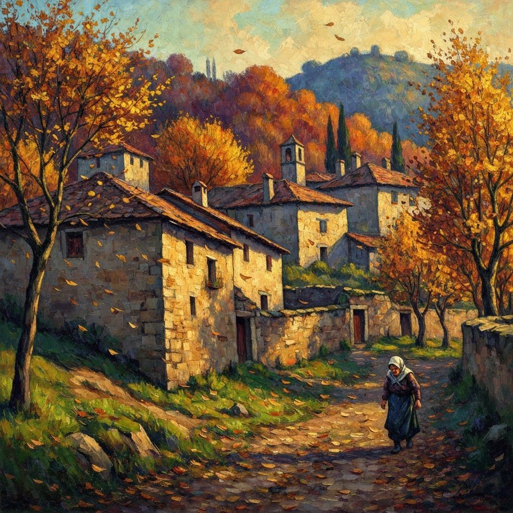 Autumn Village Landscape Impressionist Painting