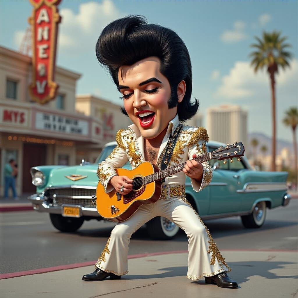 Caricature of Elvis in Jumpsuit with '57 Chevy in Las Vegas