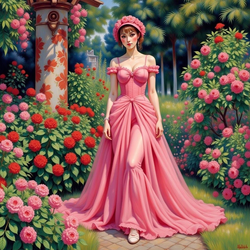 Ethereal Pink Garden Siren in Art Nouveau Style