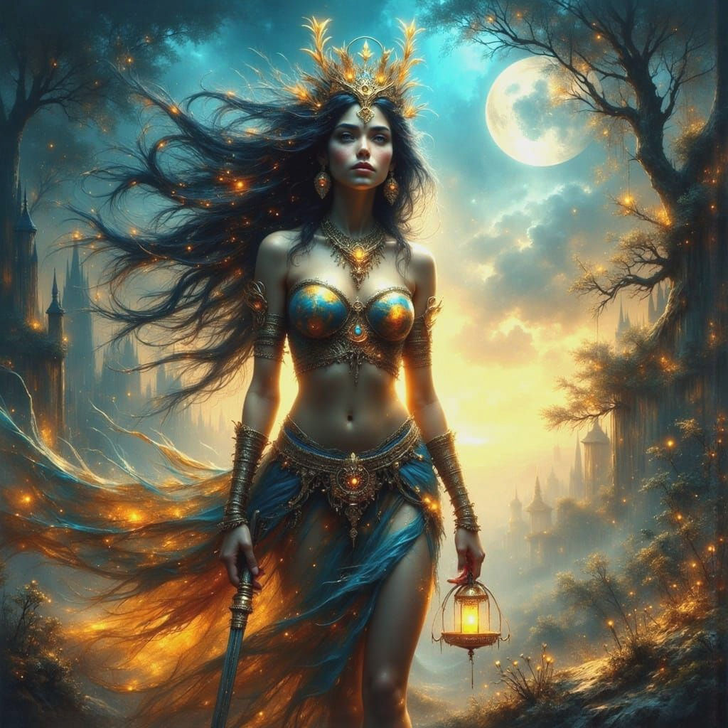 Moonlit Goddess in Aztec Warrior Regalia