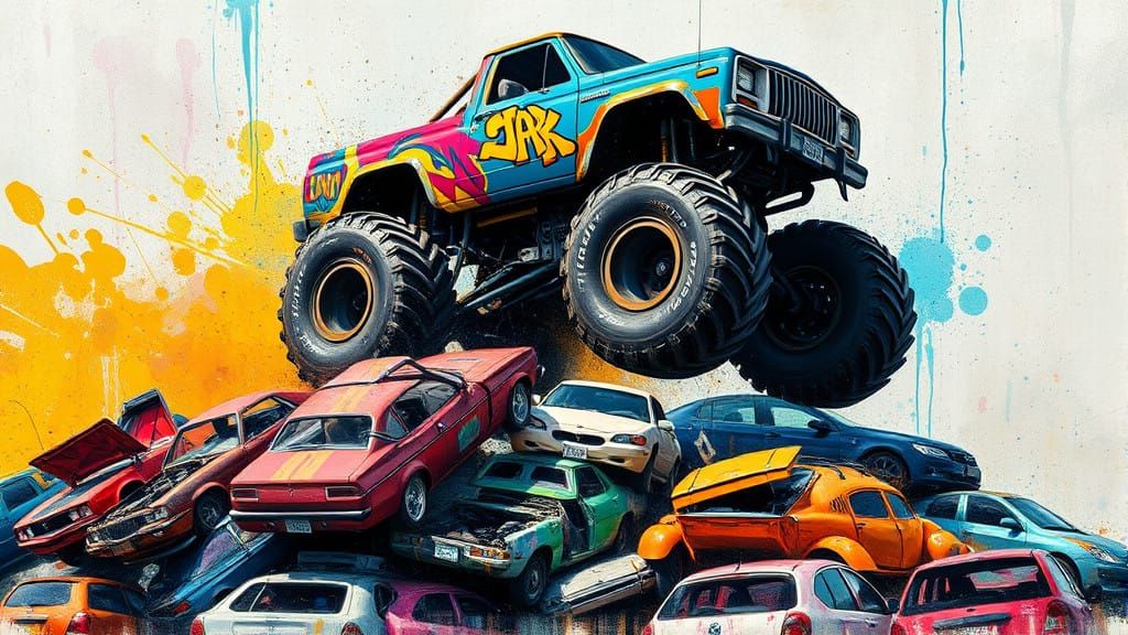 Vibrant Street Art Masterpiece: Monster Truck Soars Over Jun...