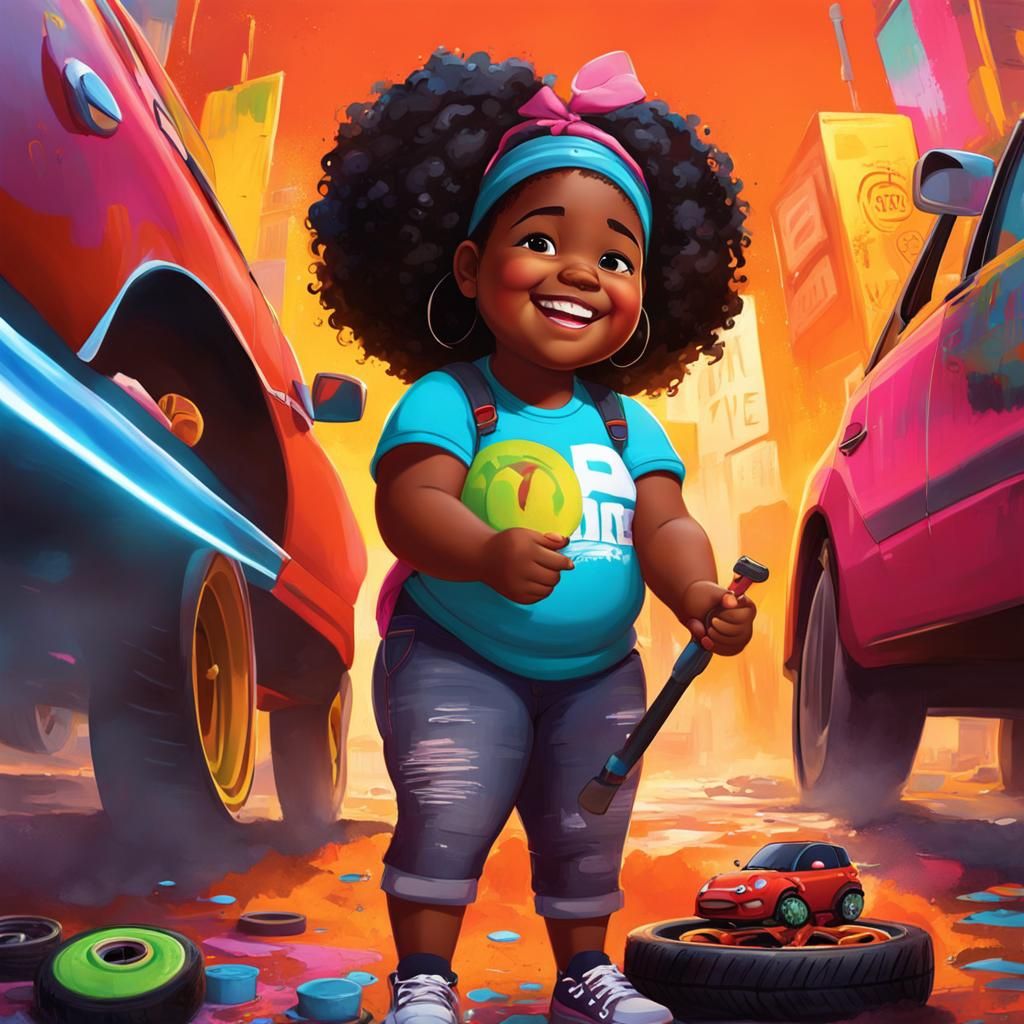 Girl Learns Car Repair in Graffiti Splash Art Style