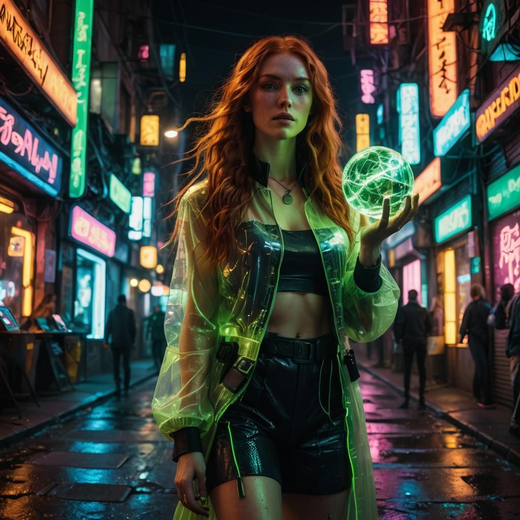 Cyberpunk Redhead with Energy Orb in Neon Cityscape