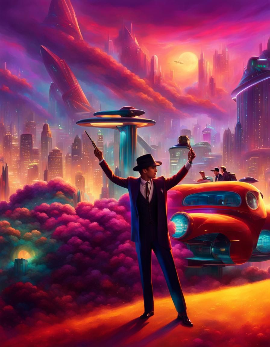 1940s Couple in Retro-Futuristic Cityscape