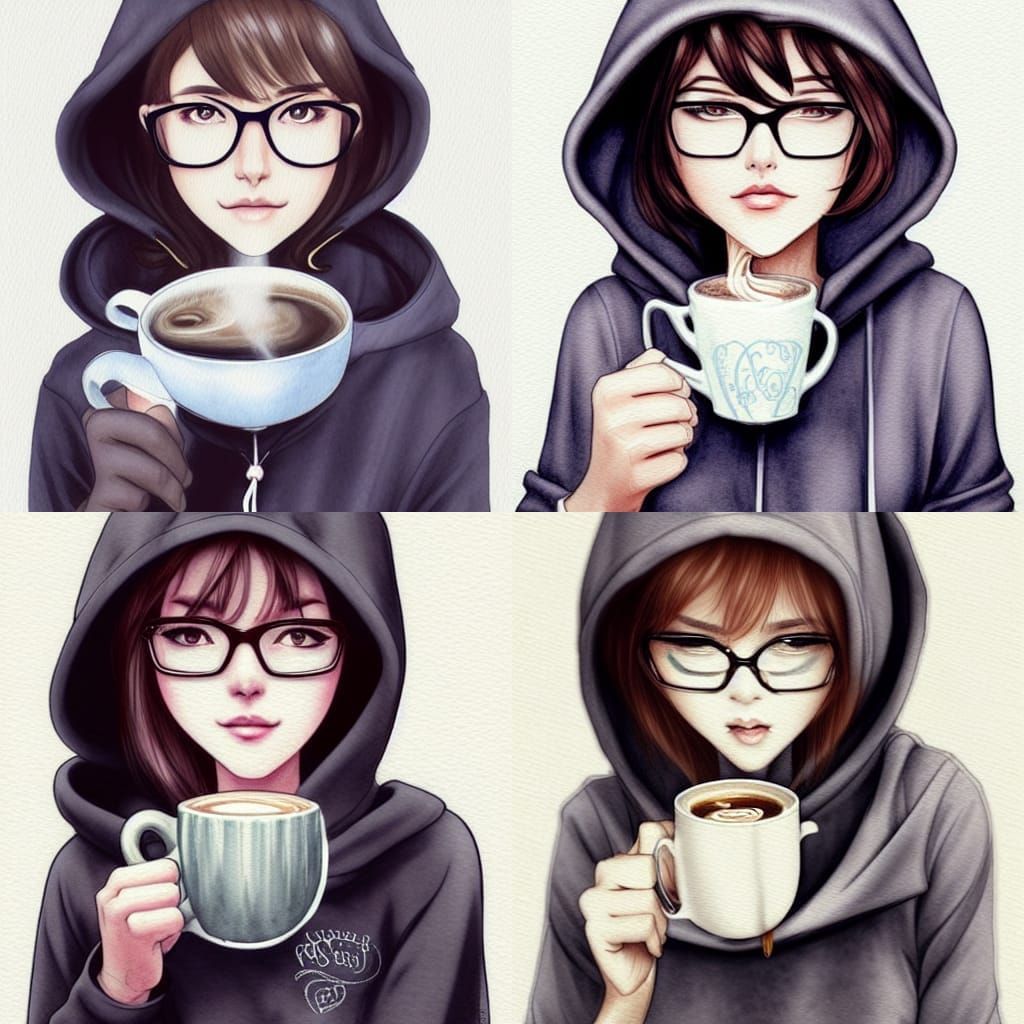 Art Nouveau Anime Girl Enjoying Coffee