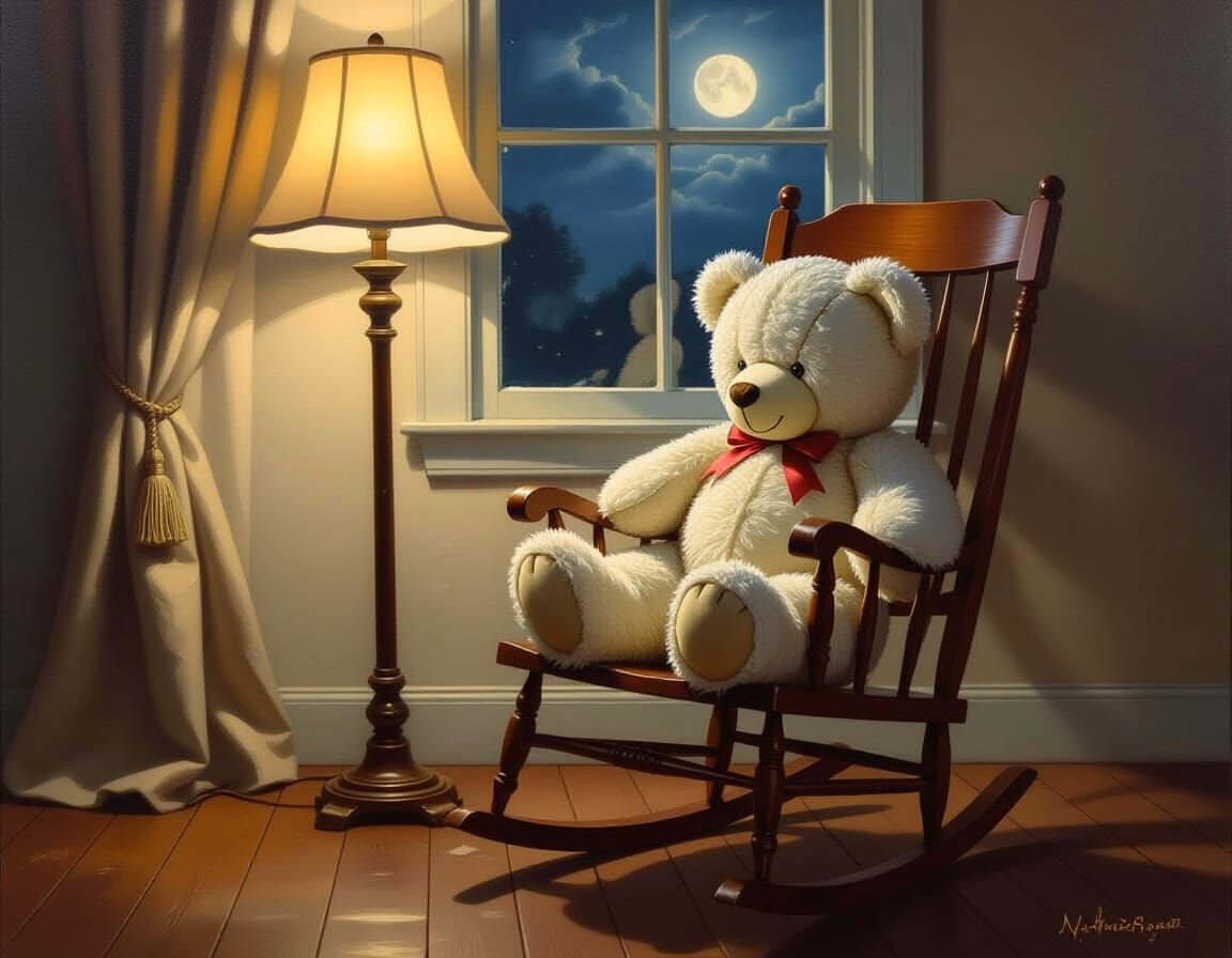 Tranquil Teddy Bear in Rocking Chair, Oil Painting