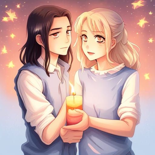 Anime Style Friends Holding Candle in Gentle Pose
