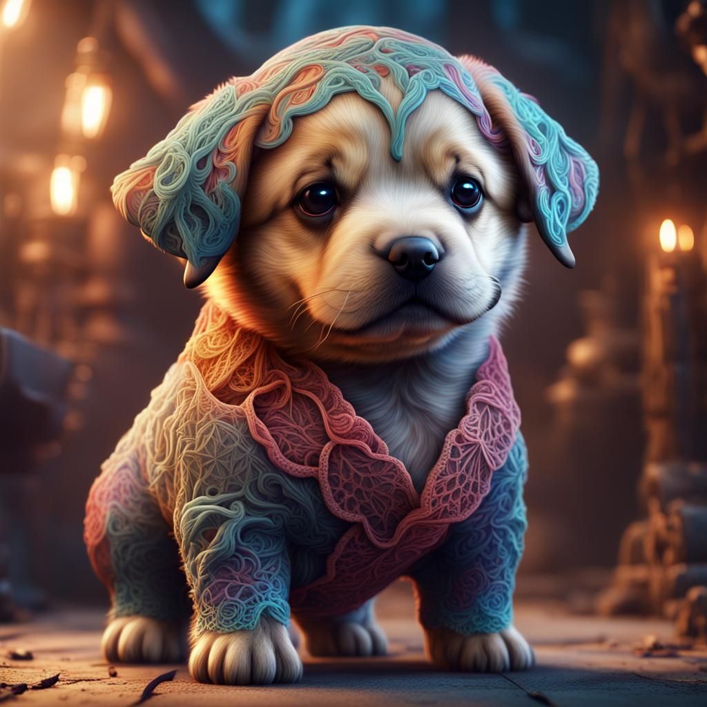 Cute puppy, wrapped in colourful lace