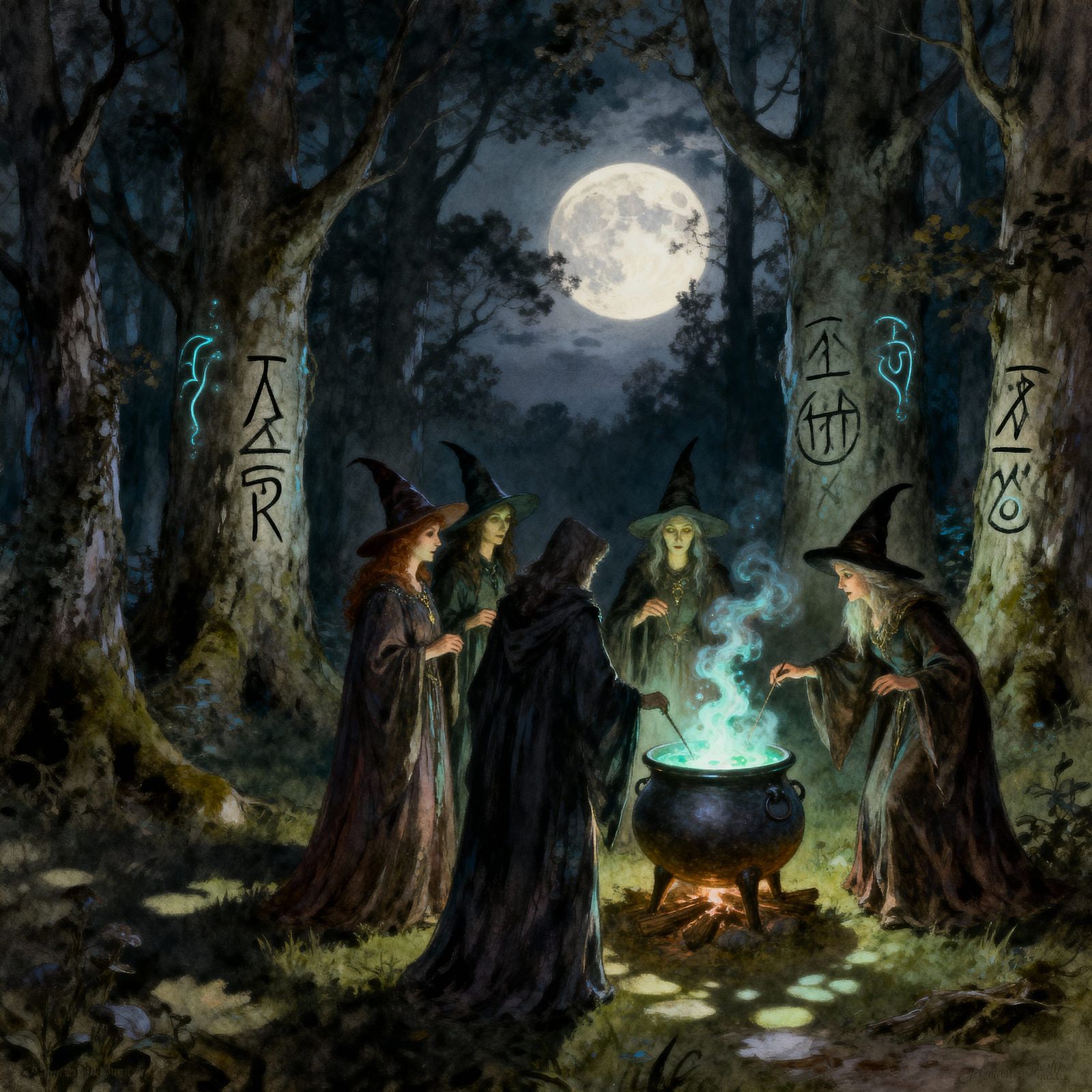 Witches Coven in Moonlit Clearing, Dark Fairytale Style