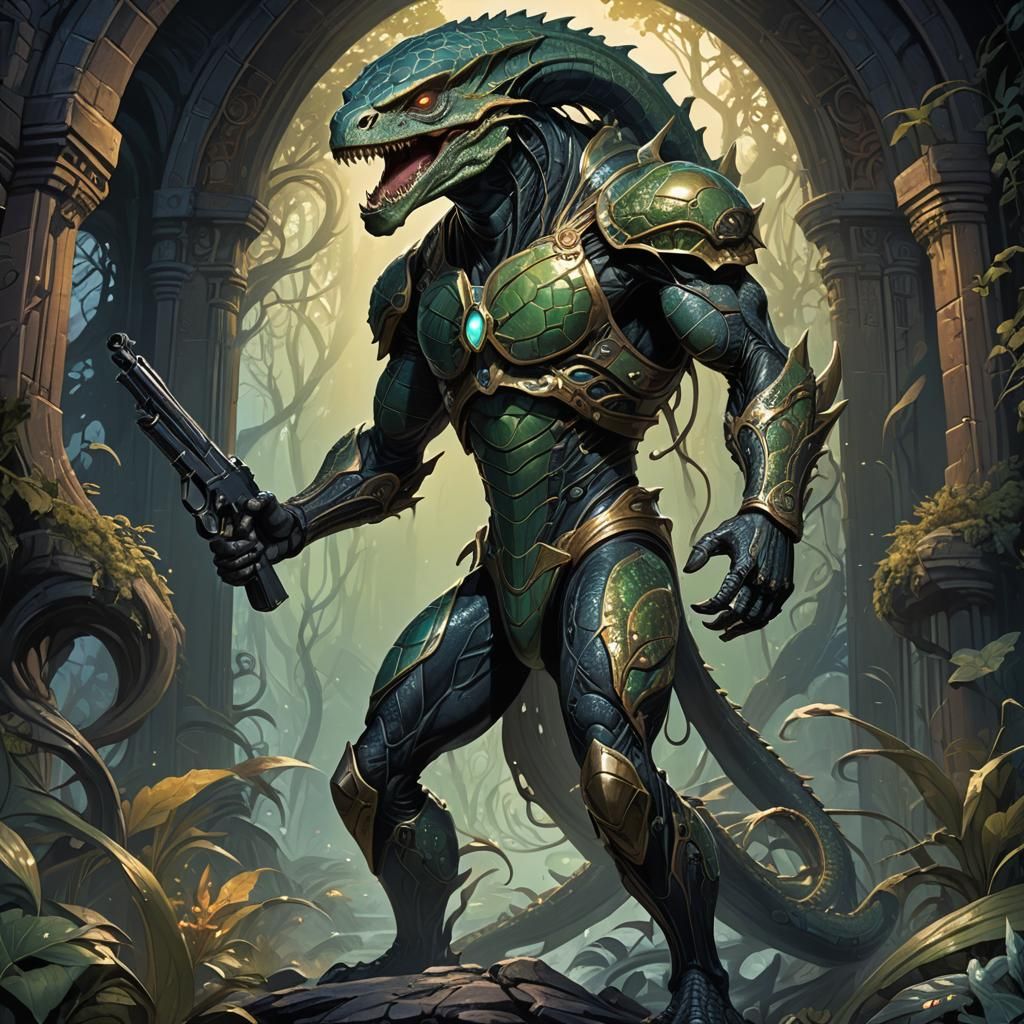 Alien Reptile Wrestler in Dark Fantasy Realm