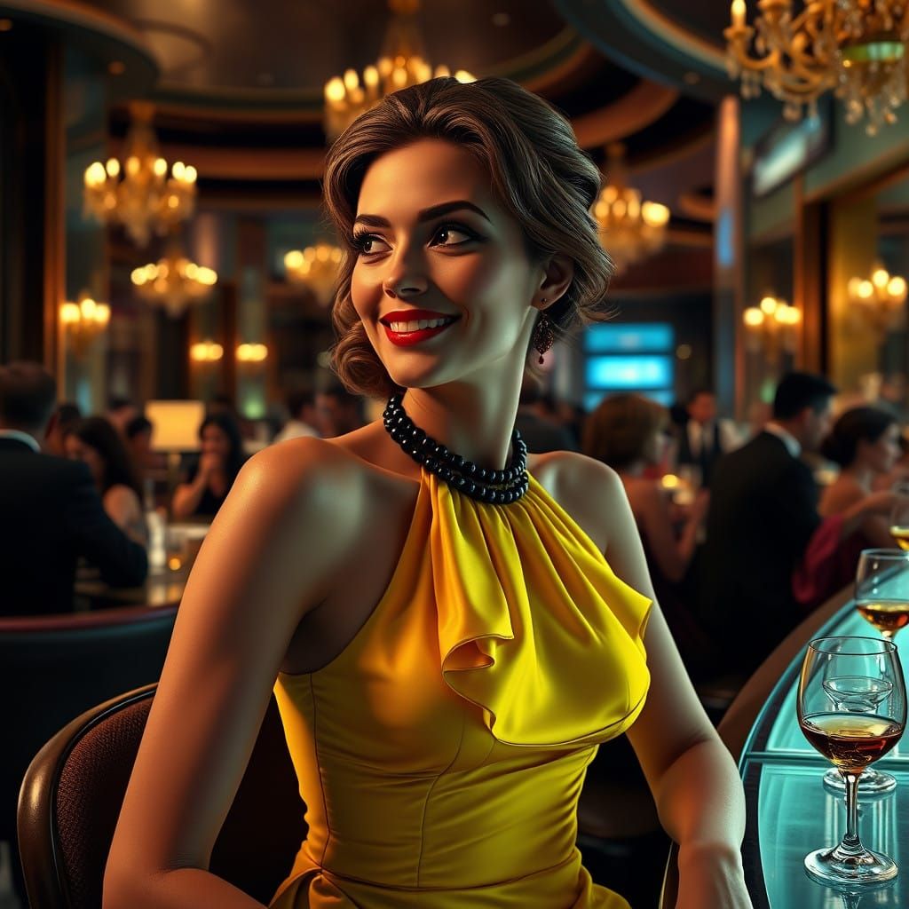 Glamorous Woman in Vibrant Yellow Satin, Elegant Hotel Scene