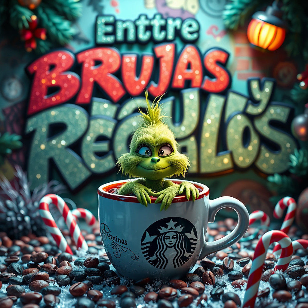 Baby Grinch in Starbucks Cup, 3D Rendered Christmas Scene