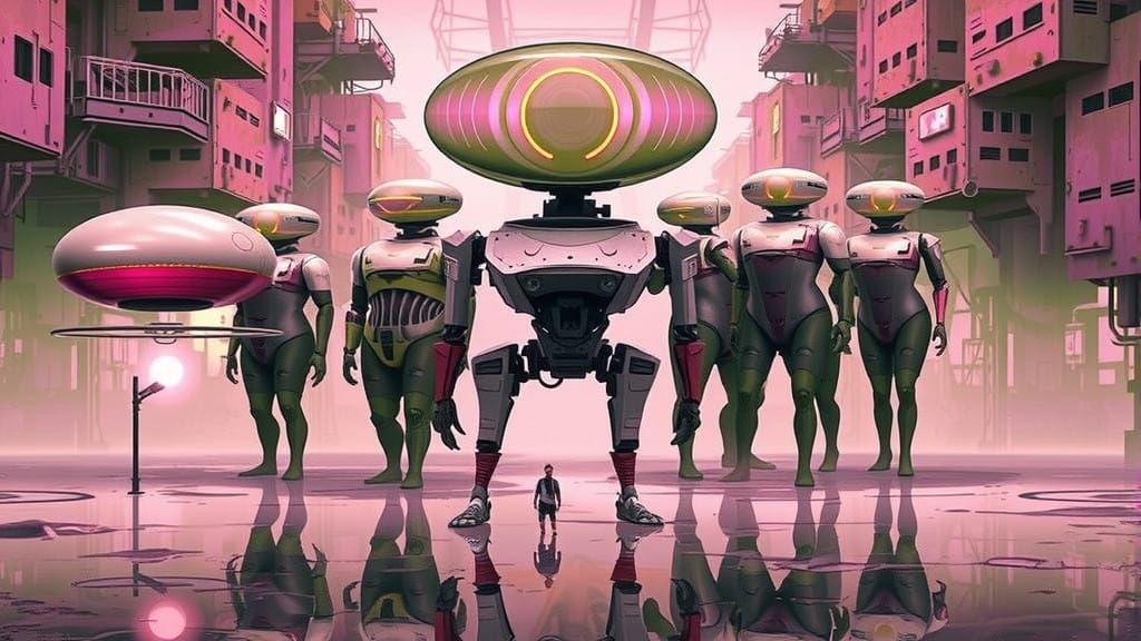 Surreal Cyborgs in a Futuristic Cityscape with Pastel Hues a...