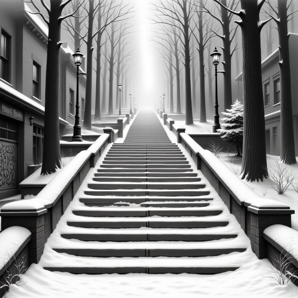 Elegant Winter Staircase in Monochromatic Pencil Sketch
