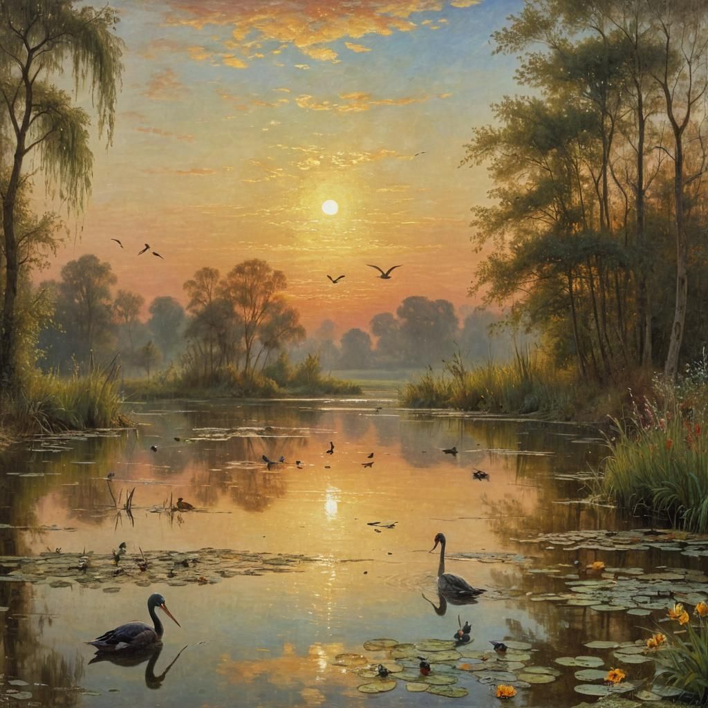 Sunrise Pond: A Symbolic Oil Painting Masterpiece