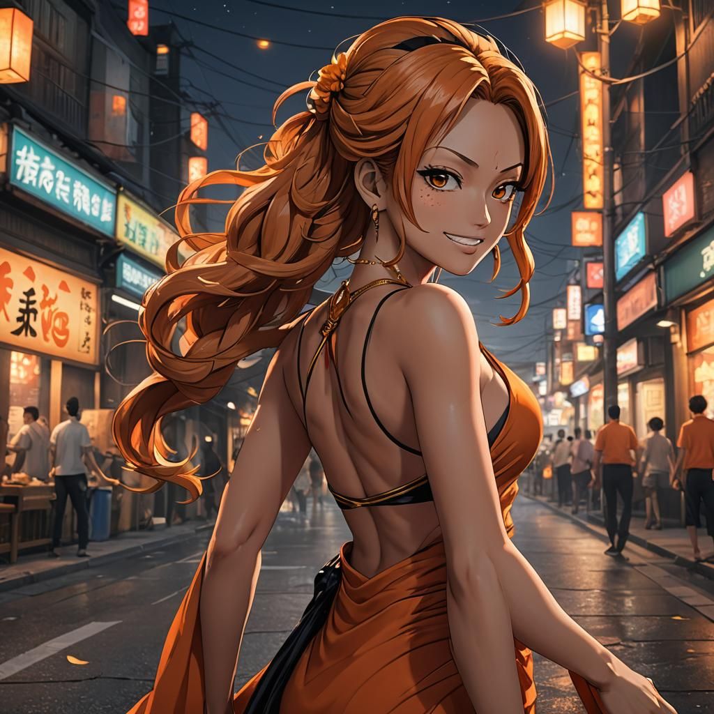 Nami in Orange Saree: 3D Anime Art Portrait