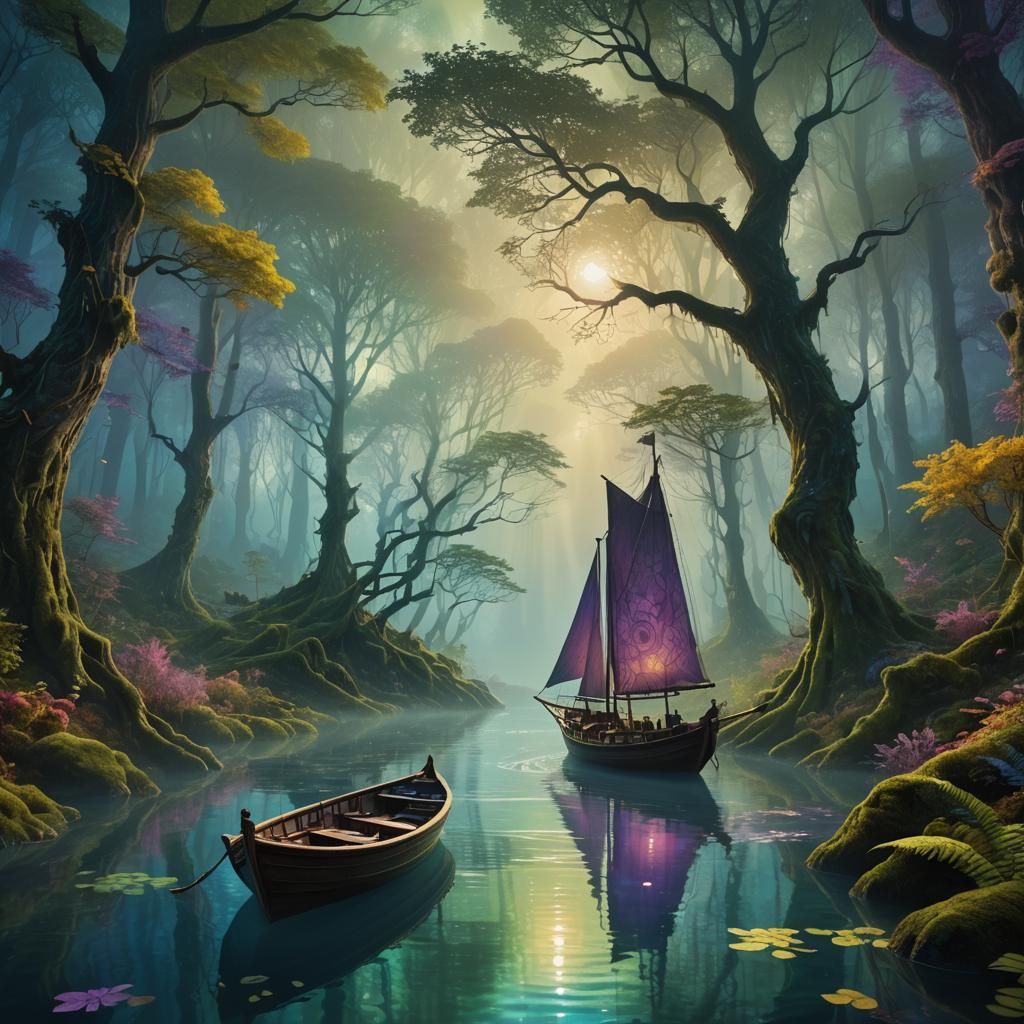 Mystical Boat Sails Through Ethereal Forest