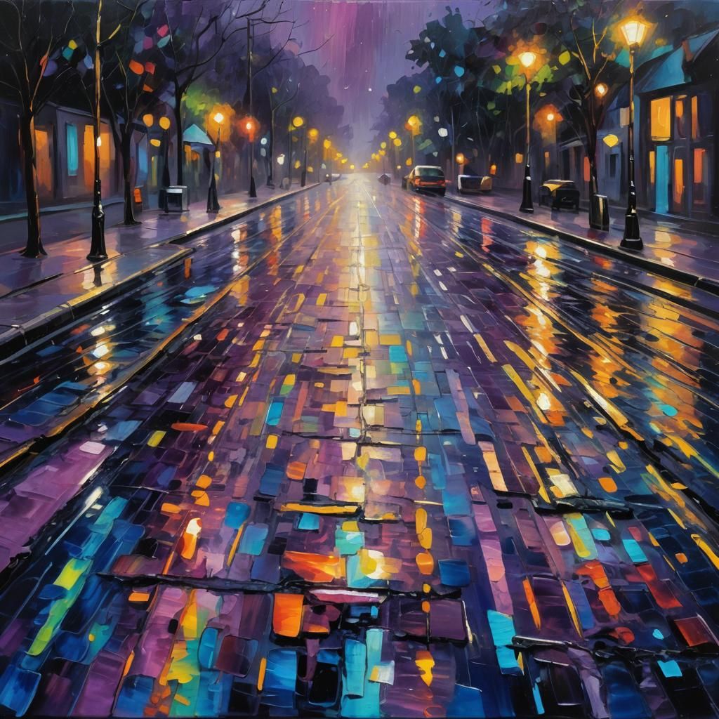 Iridescent Rain on Pavement in Expressionist Oil Painting