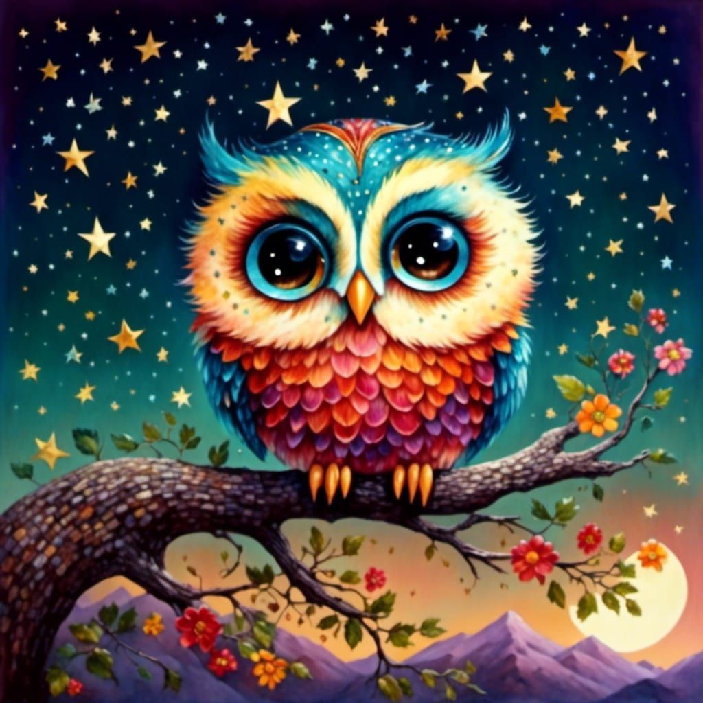 Adorable Owl with Crescent Moon in Starry Sky