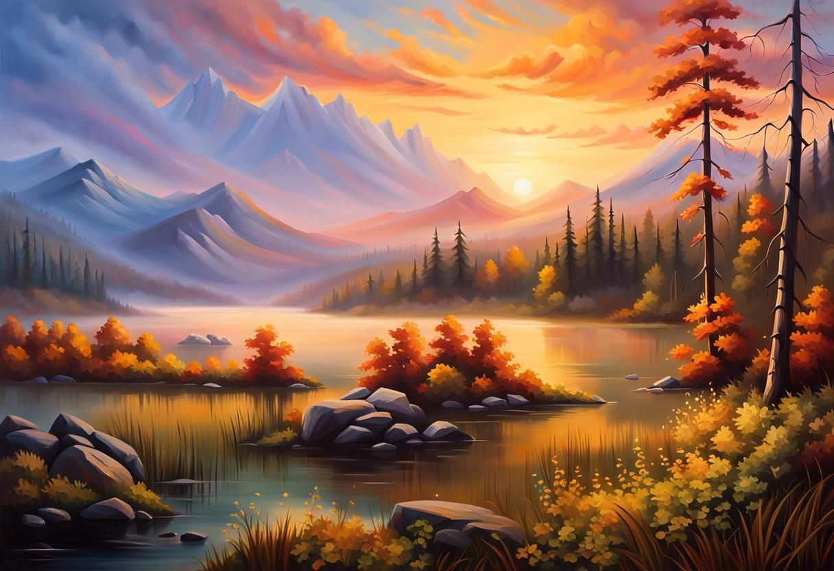 Serene Sunrise Over Misty Lake: Vivid Oil Painting