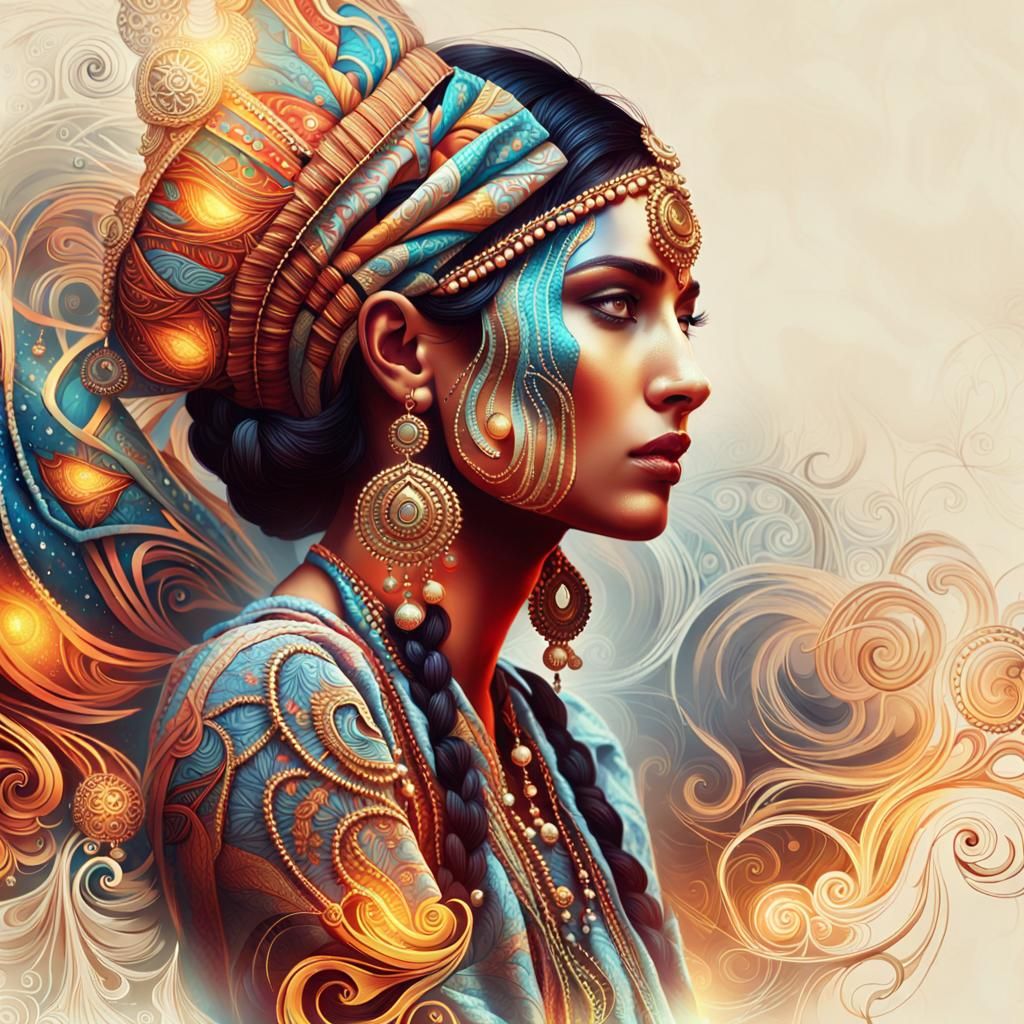 Woman with Fiery Face: Fantasy Art Nouveau Style