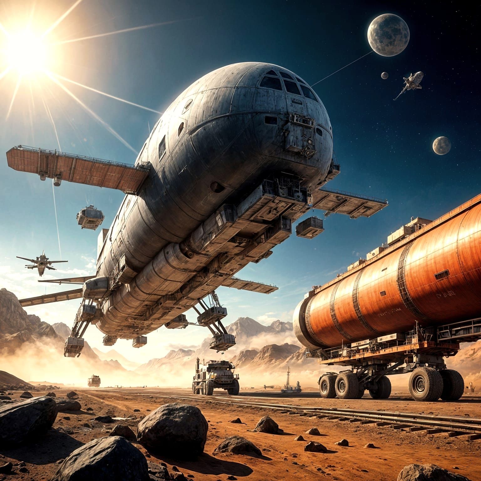 Detailed Cargo Spacecraft Above Alien Planet