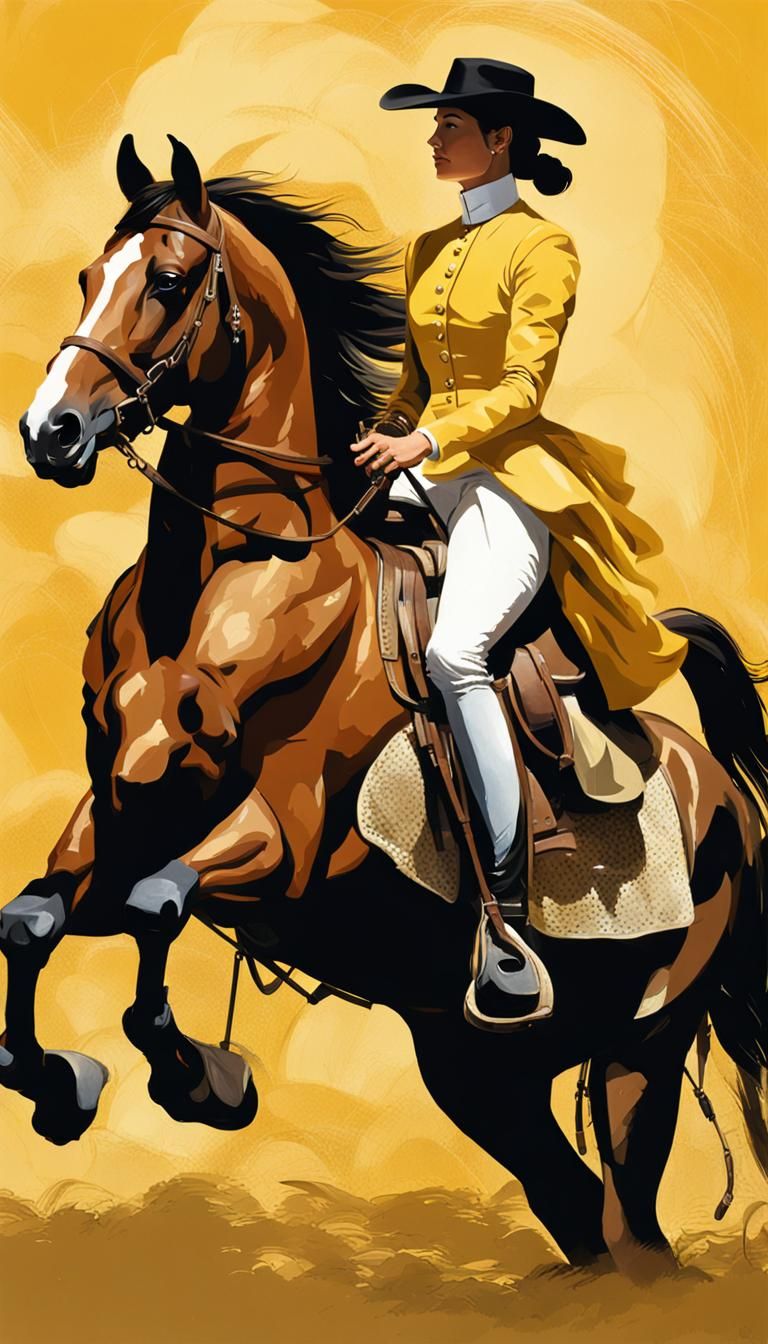 Woman in Yellow Dress Riding Palomino Horse