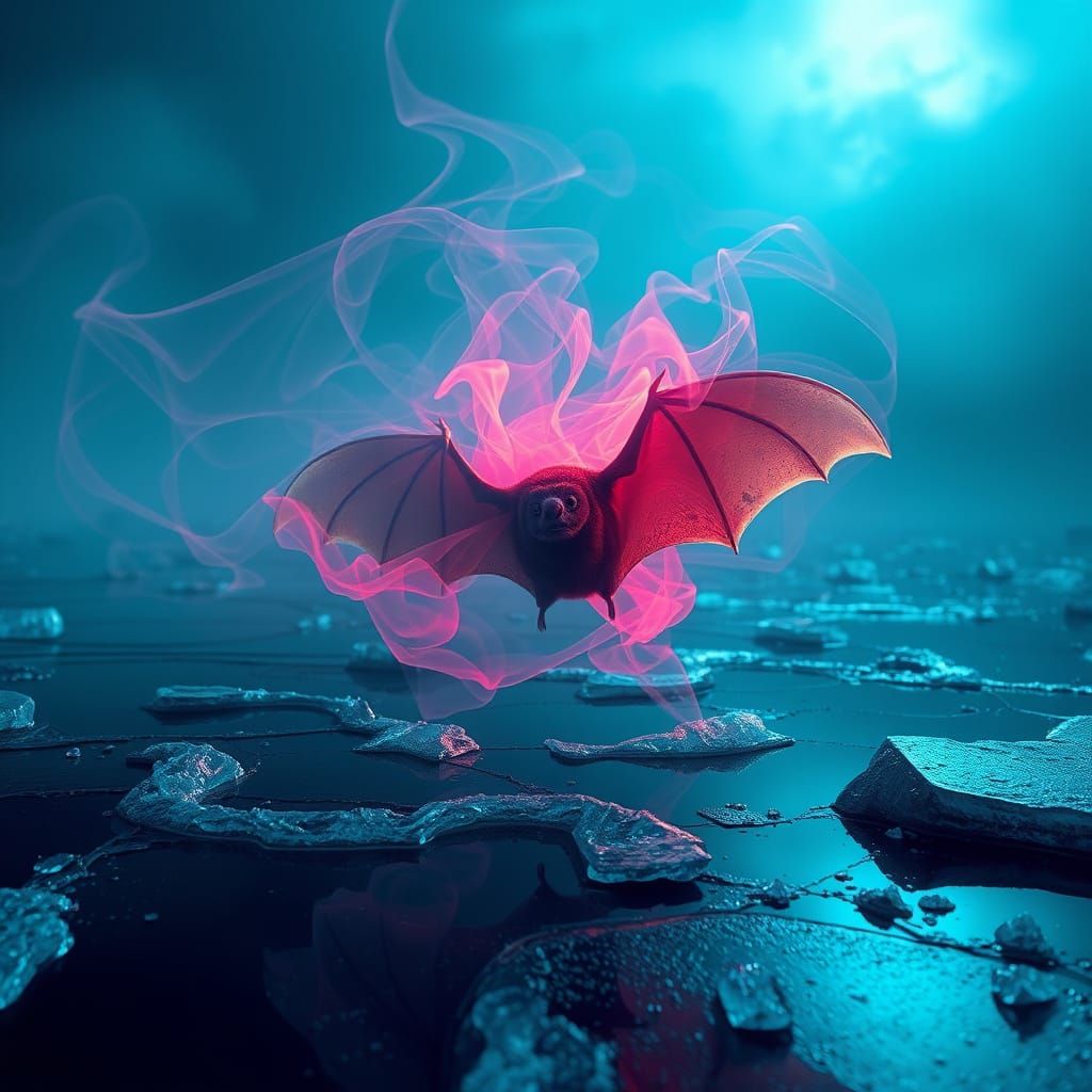 Bat Dissolving into Aerogel Filaments: Futuristic Landscape