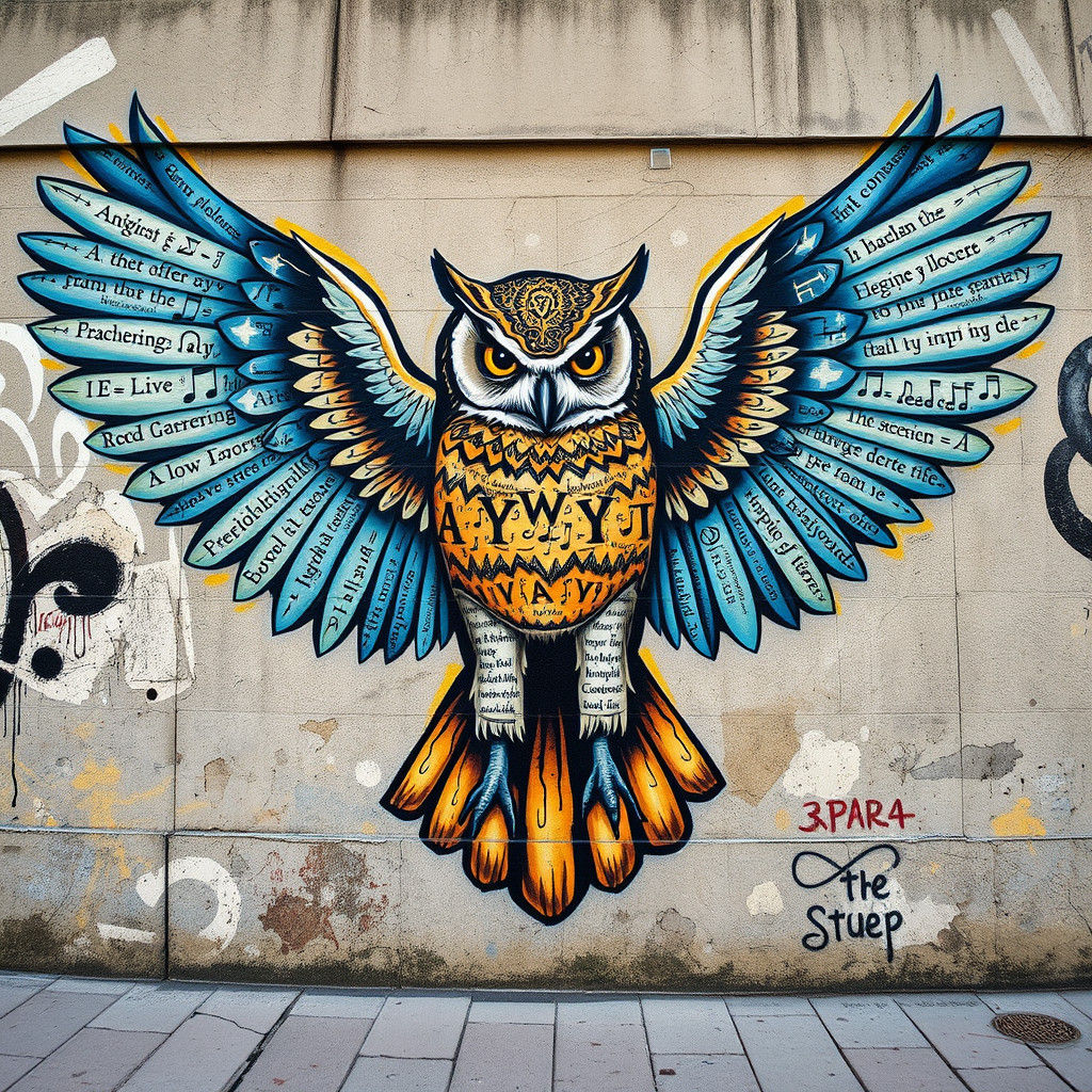 Street Art Mural of a Wise Owl with Wings