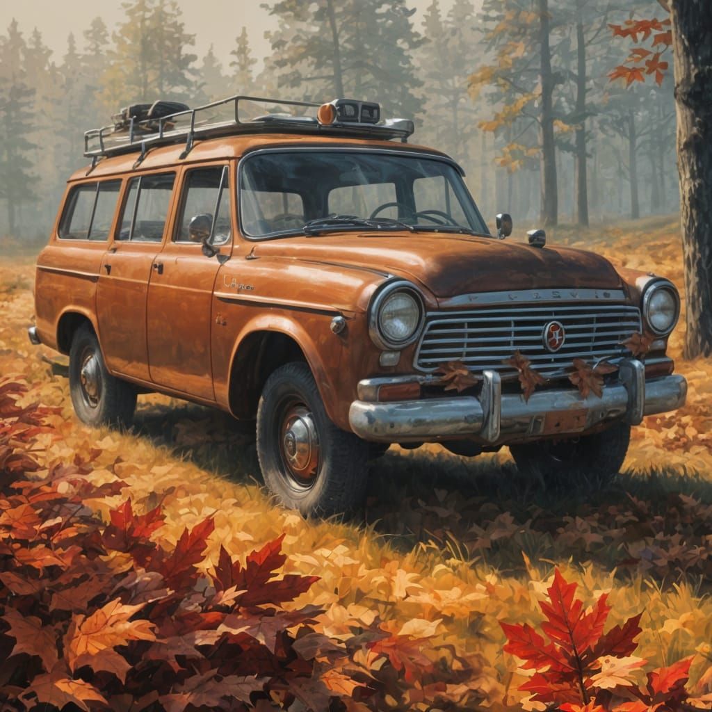 Glass Bottle with Swiss Army Knife and Autumn Leaves