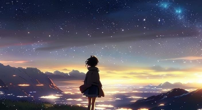 Anime Girl Gazing at Galaxy Sky