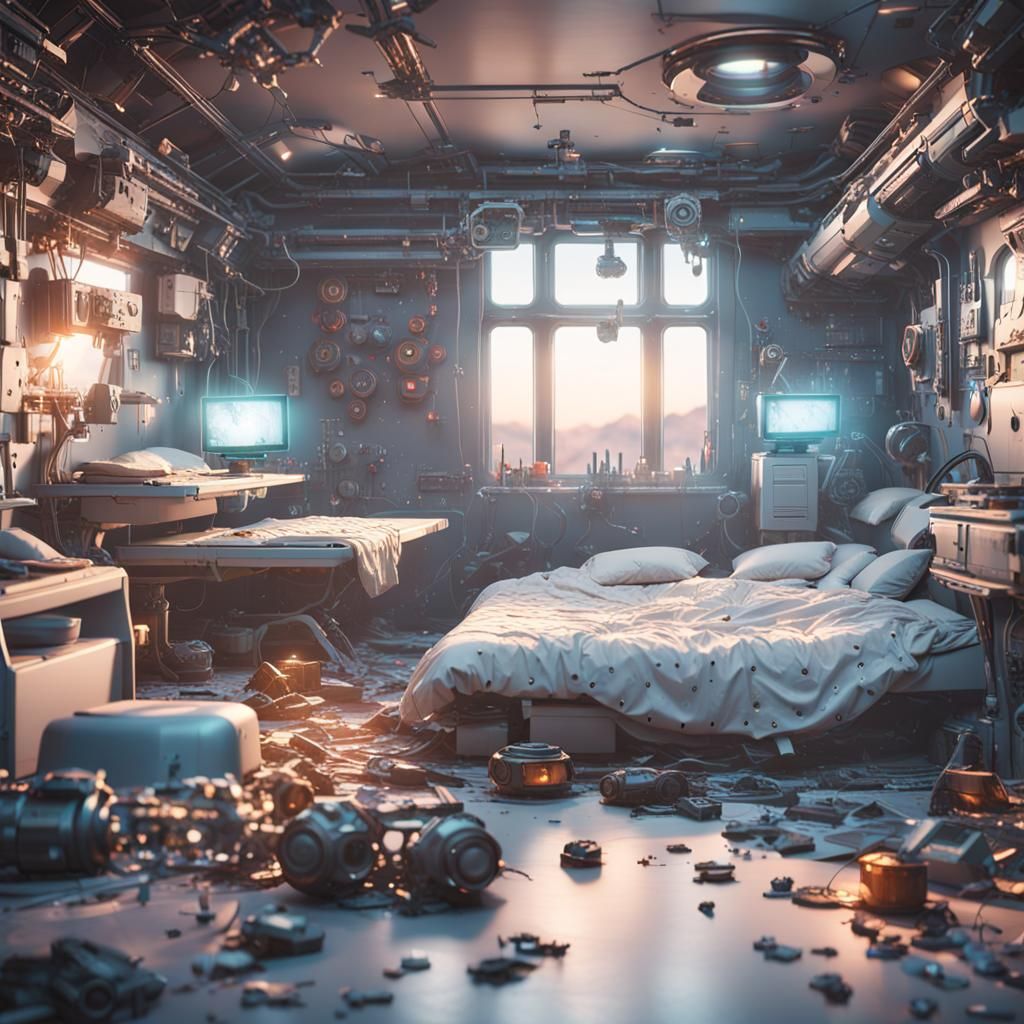 Futuristic Sci-Fi Scrapper's Room in Evening Light