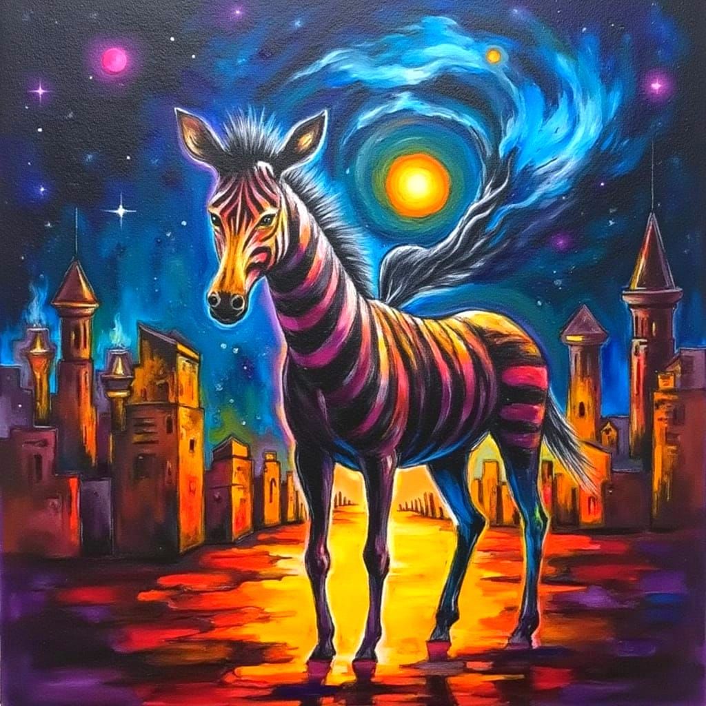 Majestic Bee-Zebra Navigates Starlit Town with Punk Band