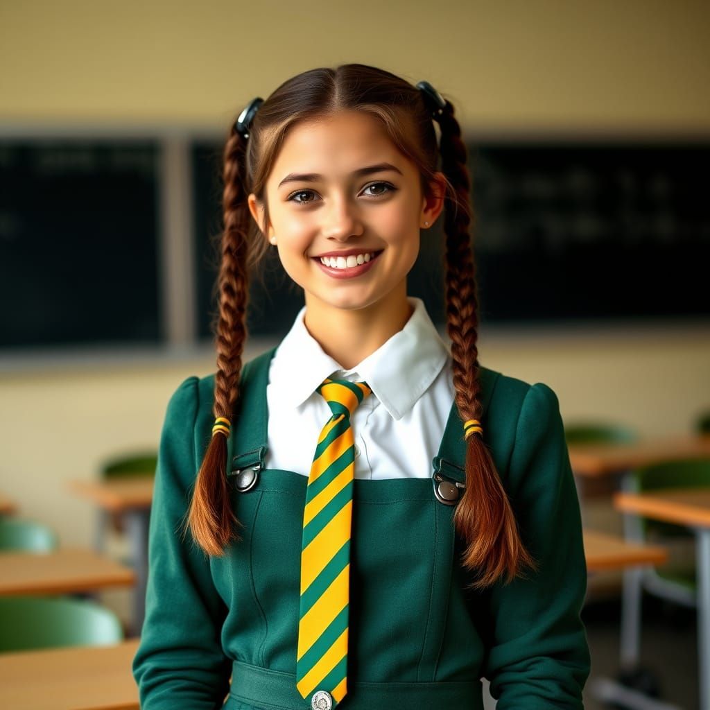 Girl in School Uniform with Braided Pigtails and Blazer