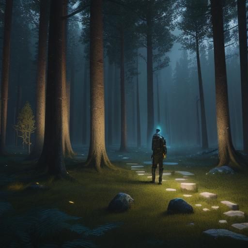 Man Remembers Love in Moonlit Forest: 3D Render