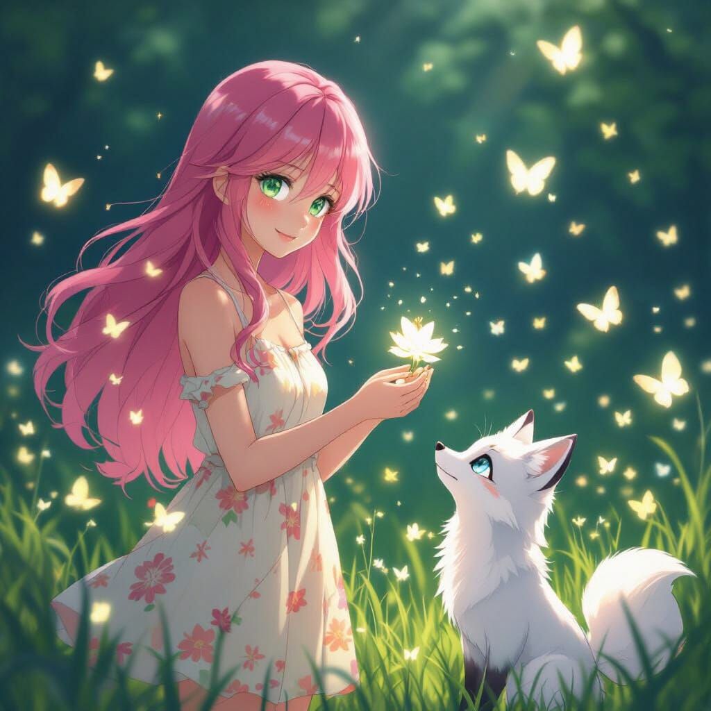 Anime Girl Offers Flower to Fox in Butterfly Field