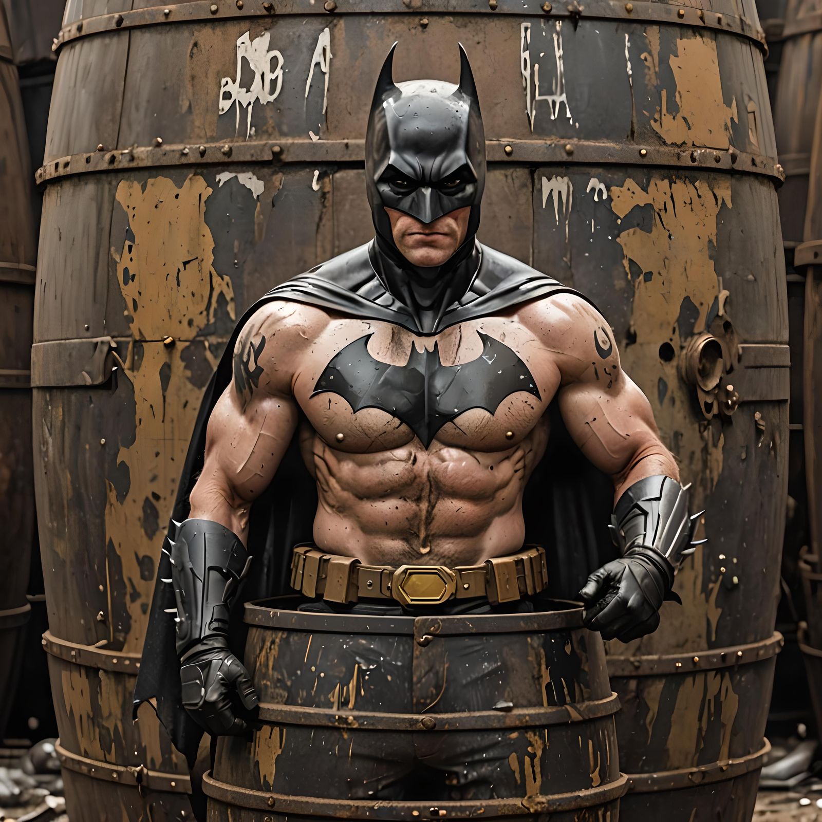 Shirtless Batman in Oil Barrel: Humorous AI Image