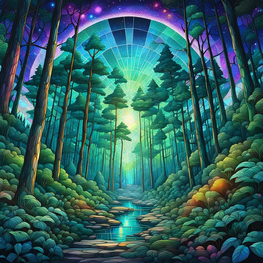 Stained Glass Forest Illustration in Mixed Media